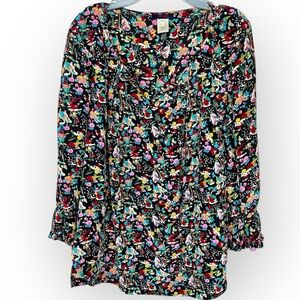 Kenzo Jeans Black Printed Silk Top 3/4 Sleeve Ruffle Cuffs Blouse EU Size 38
